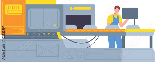 Industrial conveyor automated system worker color illustration
