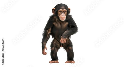 Billede på lærred Baby chimpanzee standing isolated PNG, adorable primate with dark fur on transpa