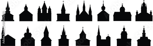 Church silhouette collection, religious architecture icons, cathedral chapel steeple shapes, black vector buildings, spiritual landmarks, minimal design set illustration bundle