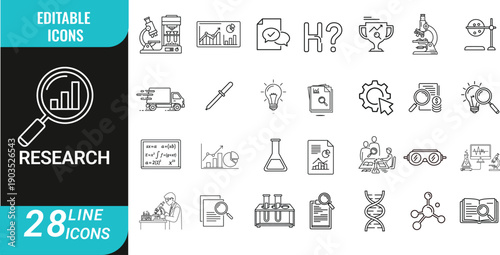 A collection of line icons related to research and data analysis