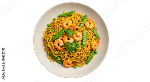 Fotografía Delicious shrimp lo mein isolated PNG, stir-fried noodles with prawns, peas, and