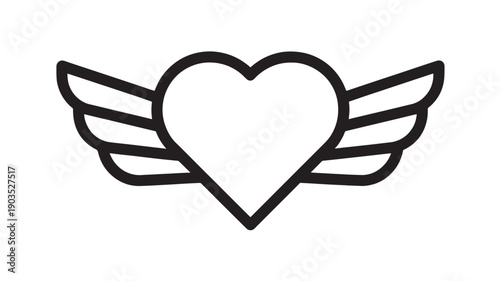 Heart winged outline icon with bold black line art, minimal tattoo style emblem, love and freedom symbol, centered isolated graphic for stickers, badges