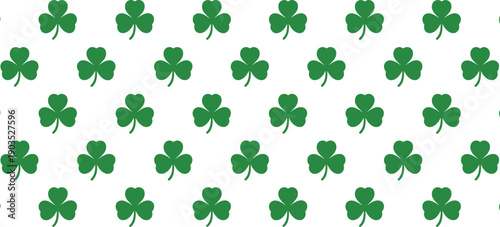 Green clover leaf pattern illustration vector with shamrock symbols arranged in repeating layout for St Patrick’s Day, luck, and decorative design