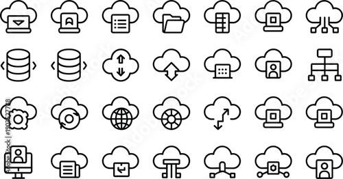 Cloud computing line icon set vector with data storage, server, upload, download, security, and network infrastructure symbols for web and UI design