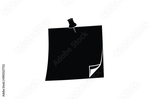 Sticky note icon with push pin and curled corner in black silhouette isolated on white background for reminder