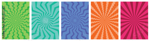 Abstract Spiral Swirl Retro Groovy Rainbow Patterns. Funky sun wave illustration. Psychedelic Geometric Twirl Vector Background.