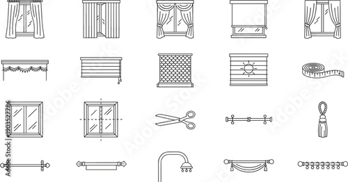 Window treatment and curtain accessories line icons set for interior design home decor furniture ecommerce ui