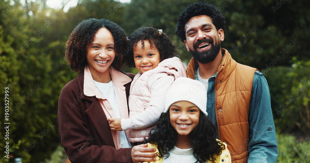 Obraz premium Travel, portrait and love with family in nature for adventure, getaway and bonding. Support, happiness and connection with parents and children outdoor park for smile, weekend break and tourism