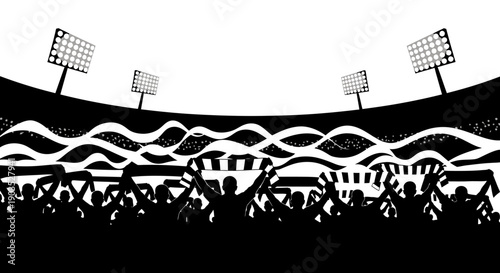 Enthusiastic Sports Fans Cheering in Stadium with Floodlights at Night