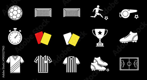Collection of Sports and Football Game Icons Set on Black Background, Soccer Equipment Vector