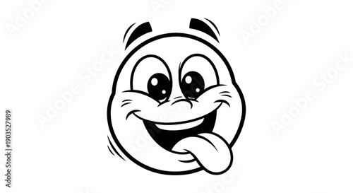 Happy Cartoon Face with Tongue Out Black and White Illustration, Joyful Emoji Character Expressing Happiness