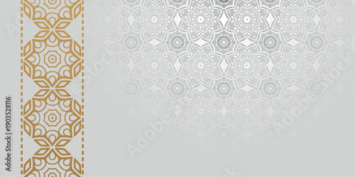 White abstract background with luxurious Islamic Arabic patterns. Elegant design with sparkling gold ornament decoration.