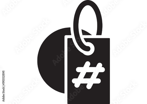 Tag hashtag icon with hanging label and hash symbol, bold black silhouette pictogram for social media topics, pricing marker, retail label, and branding design