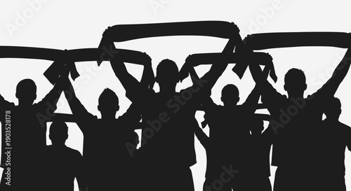 Excited Crowd of Soccer Fans Cheering with Scarves Silhouette on Isolated White Background