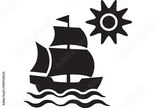 Ship sailing icon with silhouetted sailboat and flag on wavy sea under bright sun symbol, minimal black flat design for nautical travel, maritime logo, app UI