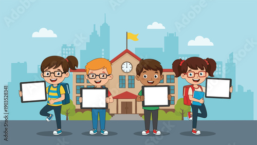 Diverse group of happy school children, two girls and two boys, proudly hold blank tablets in front of a traditional school building.