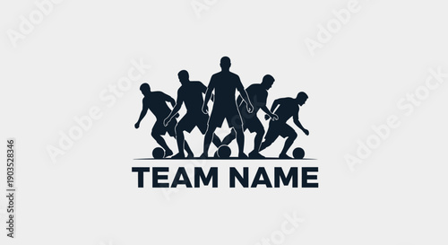 Silhouette of a Soccer Team Group with "TEAM NAME" Text in a Bright Studio Background