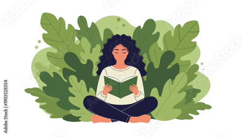 Peaceful woman sits comfortably in a serene lotus position, engrossed in a book, surrounded by an abundance of lush green leaves.