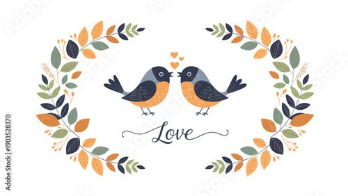 Adorable pair of cartoon birds face each other with hearts, beautifully framed by a delicate autumn-themed floral wreath and "Love" text.
