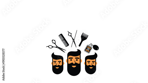 Stylish concept featuring three bearded men's faces, surrounded by essential barber tools like scissors, combs, brushes, and perfume bottles.