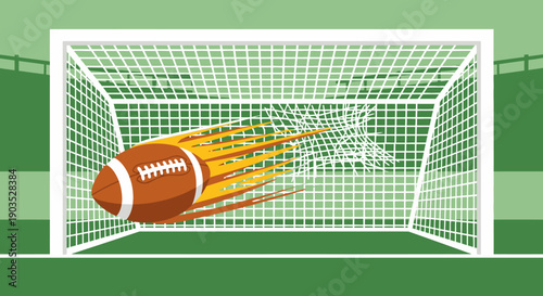 American Football Ball Flying into a Goal Net on a Green Field Background