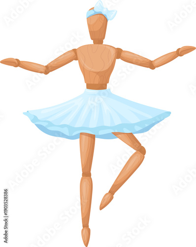 Wooden ballerina figurine. Dancing mannequin cartoon icon