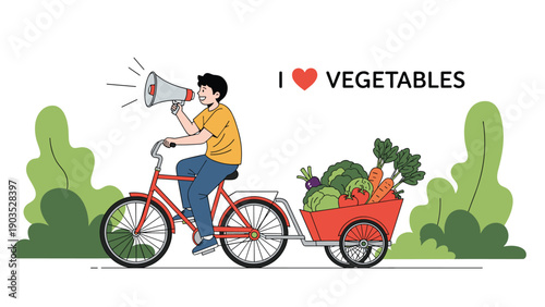 Enthusiastic man rides a bicycle with a trailer full of fresh vegetables, promoting healthy eating with a megaphone and "I ?? VEGETABLES" slogan.
