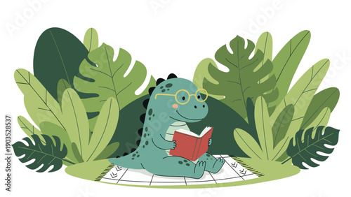 Adorable dinosaur wearing glasses, comfortably sitting on a checkered blanket amidst lush green tropical leaves, deeply engrossed in reading a book.