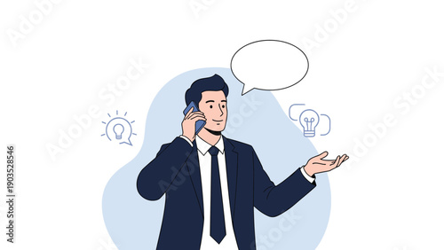 Confident businessman in a suit talking on a mobile phone, expressing ideas and communication, with a blank speech bubble for custom text.