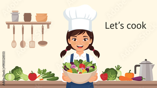 Smiling girl dressed as a chef proudly presenting a large bowl of fresh, colorful salad in a kitchen setting, ready to prepare healthy meals.