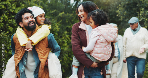 Foto Family, children and walk at park, excited and piggyback with happy for sightseeing, holiday and bonding