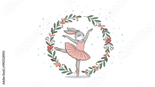 Elegant little bunny ballerina with a pink tutu performing a graceful dance pose within a beautiful, delicate floral wreath.
