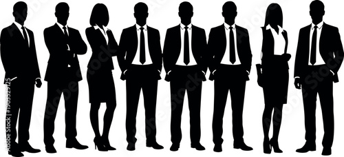 Silhouette set of business people, corporate team standing together, professional men and women vector illustration, isolated black figures on white background.