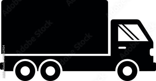 Black delivery truck silhouette vector icon, logistics transportation vehicle illustration, isolated cargo shipping symbol for courier service design, side view.