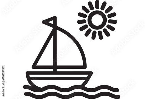 Sailboat icon with sun and ocean waves, simple black outline pictogram for sailing, summer vacation travel, nautical marine logo, web app UI and signage