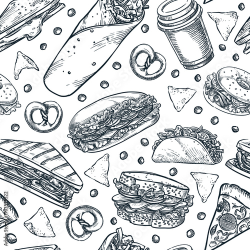Street food seamless pattern. Vector sketch design for cafe bar menu, print, takeaway package, wrapping paper, textile