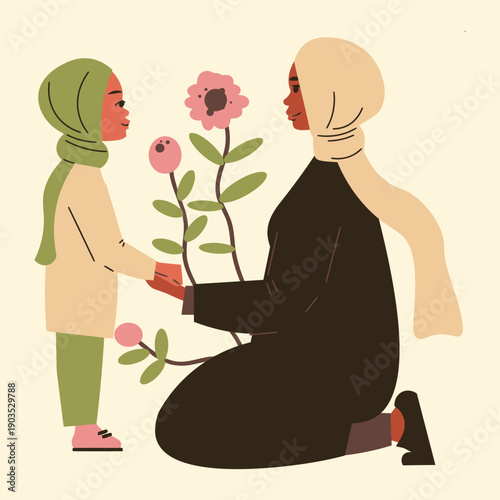 Muslim mother and child holding hands with flowers, celebrating a special bond.
