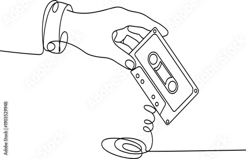 Minimal one line illustration vector of hand holding cassette tape with flowing continuous line for music, retro, and creative design concepts