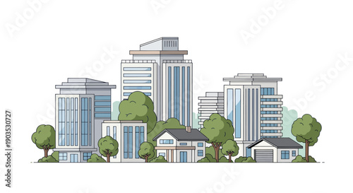 Modern Cityscape with Residential Houses and Green Trees, Urban Skyline Illustration