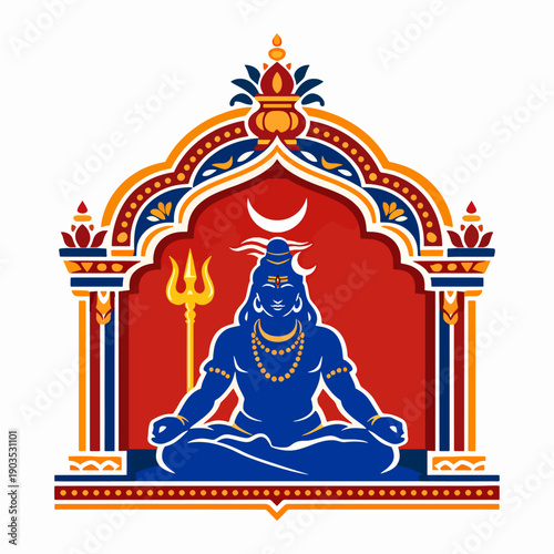 Peaceful artwork of Lord Shiva meditating inside an ornate temple arch with trident beside, symbolizing divinity, mindfulness, cosmic balance, and enlightenment in sacred spiritual harmony