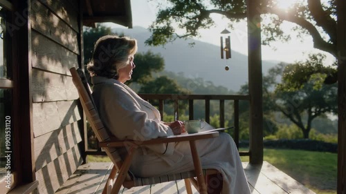 Wallpaper Mural Senior woman in a bathrobe relaxing on a sunlit cabin porch, writing in a journal and enjoying tea with a mountain view. Concept of peaceful retirement, mental wellness, and morning tranquility. Torontodigital.ca