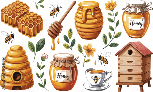 Honey and beekeeping illustration vector set with beehives, jars, honeycomb, bees, flowers, and dipper for natural food and apiary design