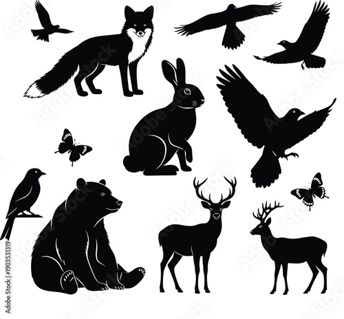 Forest Wildlife Silhouette Collection Featuring Bear Fox Deer Rabbit and Birds Isolated on White Background for Nature Conservation Graphics and Rustic Outdoors Vector Design