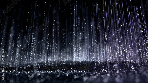 3d cyber wave of particles forming layered curtains of dots and vertical lines falling like digital rain across scene