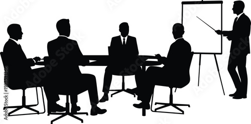 Silhouette of business meeting with professionals discussing presentation at boardroom table, corporate training, teamwork, collaboration, communication concept