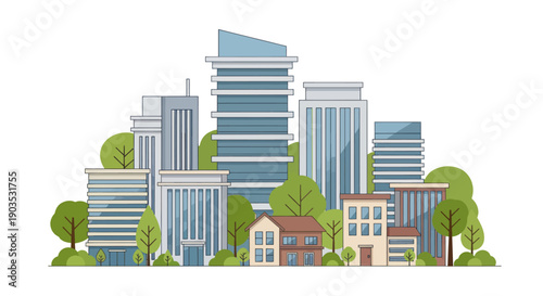 Modern Cityscape with Diverse Buildings and Green Trees, Flat Design Illustration