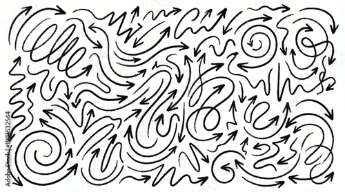 Hand drawn arrows in various directions on white background