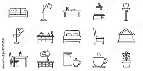A collection of black and white icons for furniture and household items
