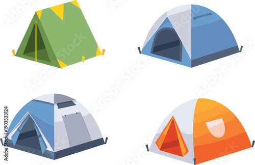 Camping tent illustration set, outdoor adventure icon pack, dome A-frame tent design, travel nature graphic, colorful vector artwork