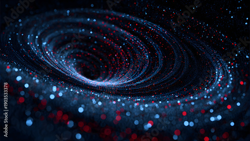 Abstract binary spiral vortex extending infinitely in glowing 3D digital space